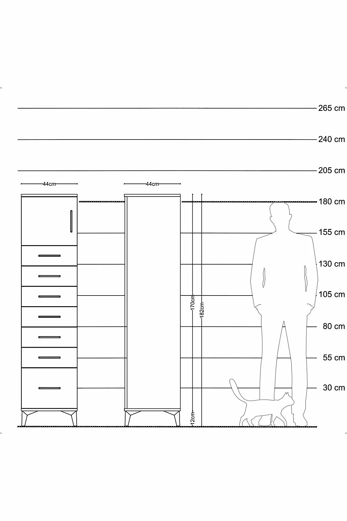 Hyperion Dolap Tek Raflı 7 Çekmeceli Tek Kapaklı 44x44x182 - S55M010V1B