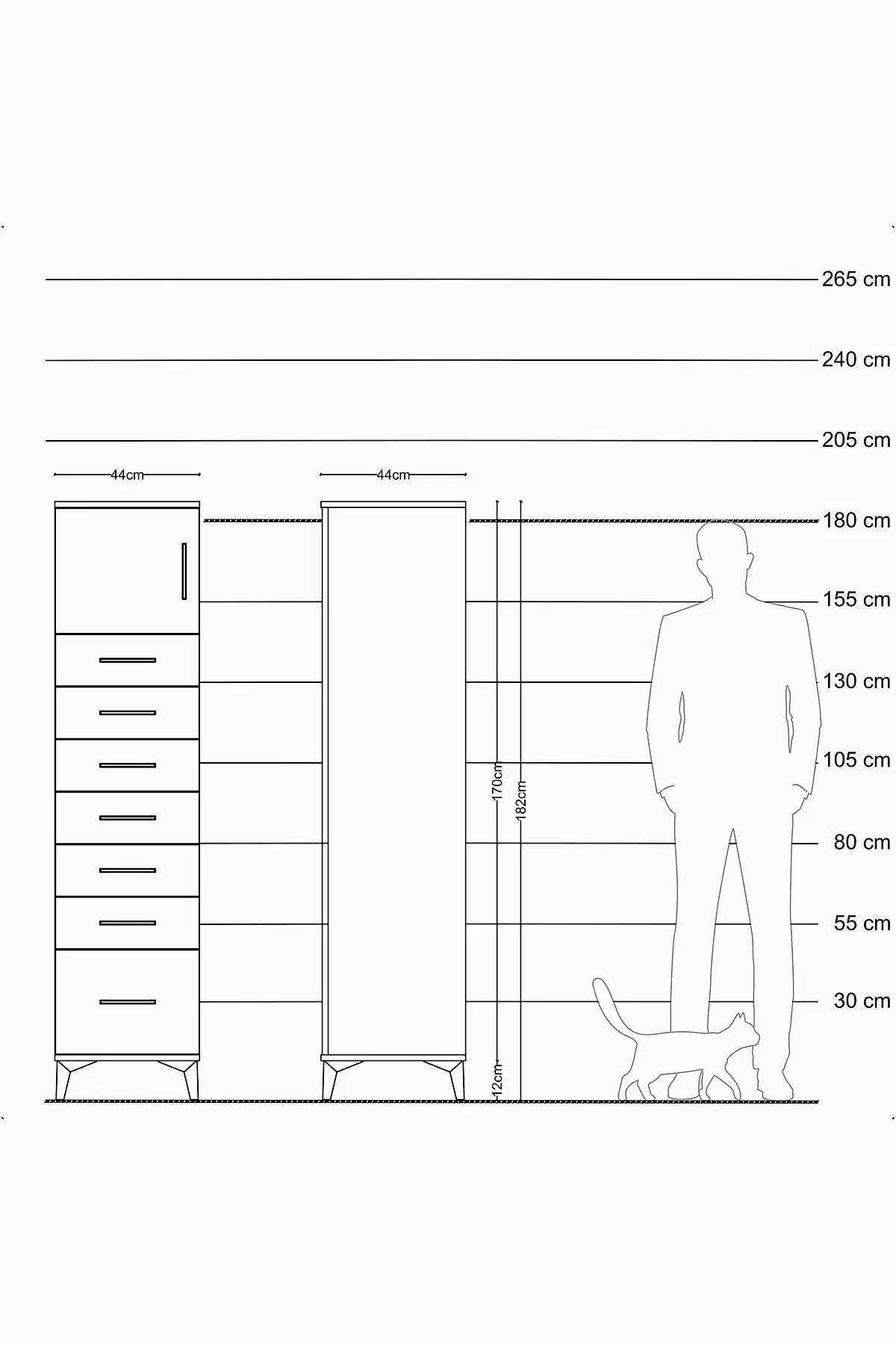 Hyperion Dolap Tek Raflı 7 Çekmeceli Tek Kapaklı 44x44x182 - S55M010V2B