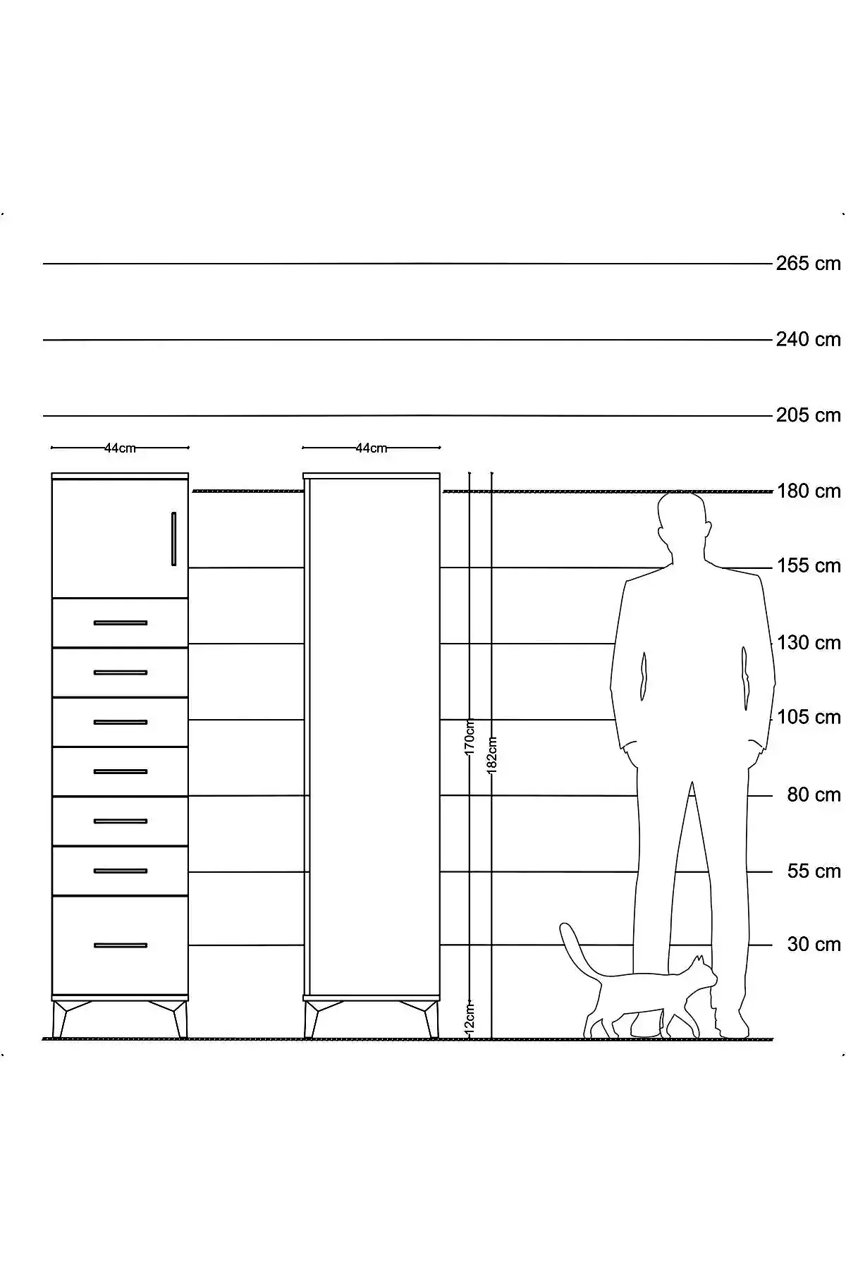 Hyperion Dolap Tek Raflı 7 Çekmeceli Tek Kapaklı 44x44x182 - S55M010V7B