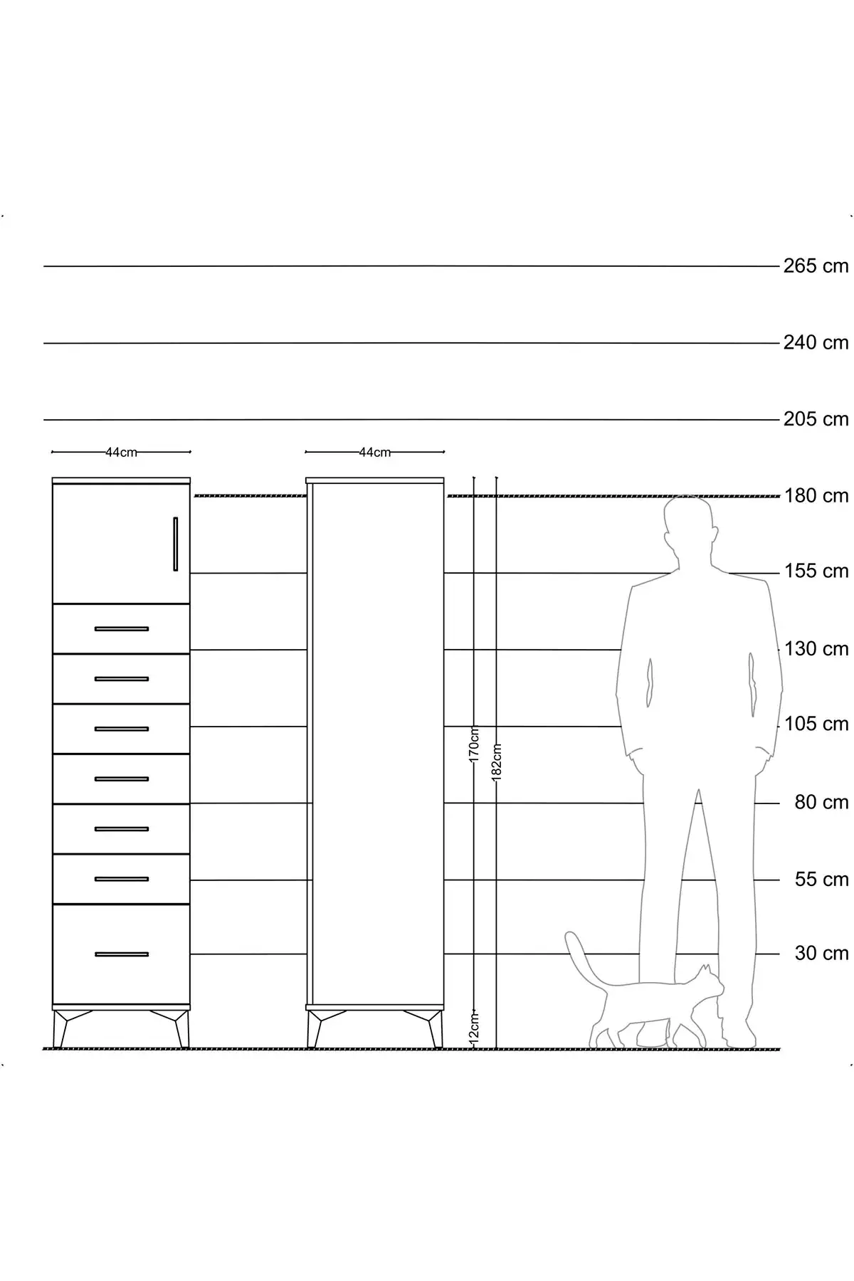 Hyperion Dolap Tek Raflı 7 Çekmeceli Tek Kapaklı 44x44x182 - S55M010V8B