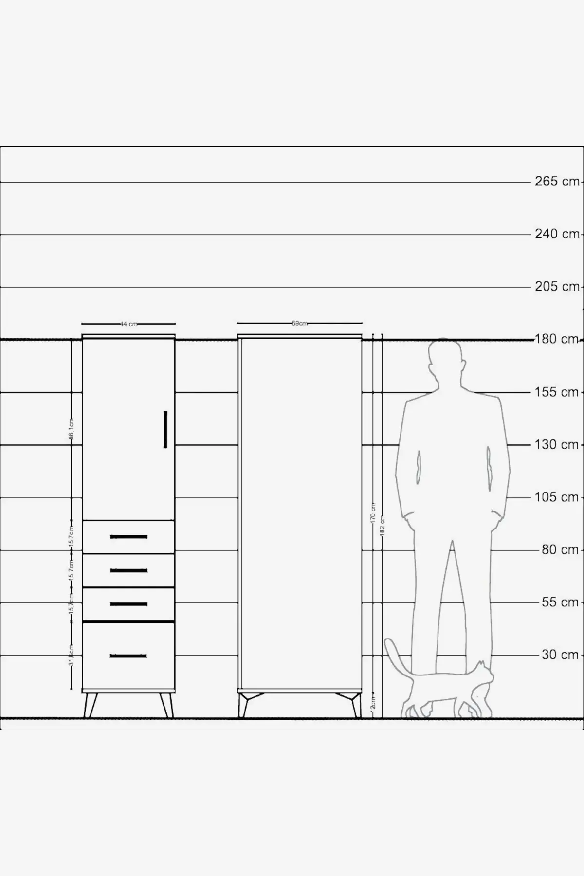 Kronos Dolap 2 Raflı 4 Çekmeceli Tek Kapaklı 44x59x182 - S88M013V5C