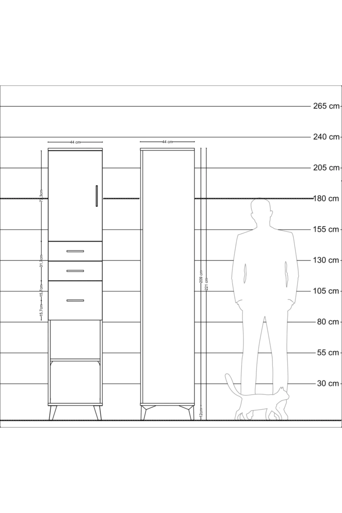 Hyperion Dolap 3 Raflı 3 Çekmeceli Tek Kapaklı 44x44x221 - S61M231V4B