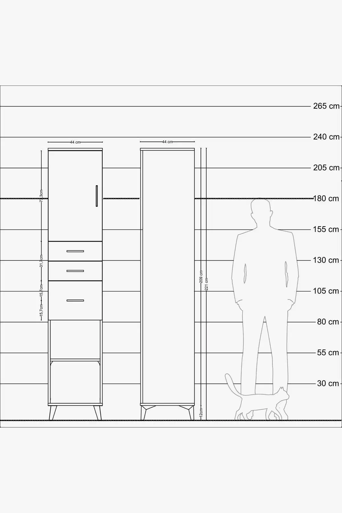 Hyperion Dolap 3 Raflı 3 Çekmeceli Tek Kapaklı 44x44x221 - S61M231V8B